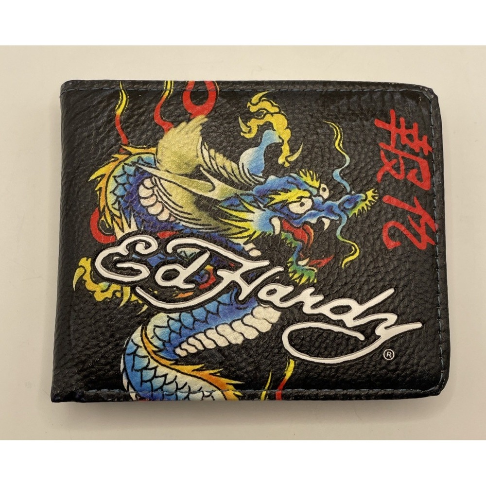 Ed Hardy Men's Black Wallet Dragon Tattoo Bifold with Valet Tray ~ New